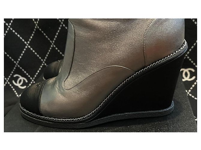Chanel Silver Metallic Leather Wedge Ankle Boots Black Silver hardware - view 9