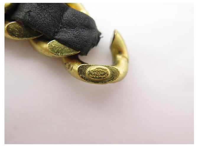 VINTAGE CHANEL BRACELET BLACK INTERLACED CHAIN AND LEATHER T18.5 CM GOLD-TONE METAL BANGLE Golden - view 10