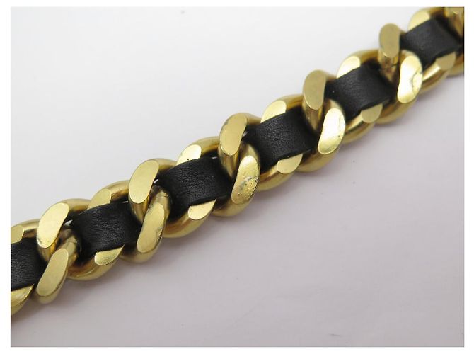 VINTAGE CHANEL BRACELET BLACK INTERLACED CHAIN AND LEATHER T18.5 CM GOLD-TONE METAL BANGLE Golden - view 12
