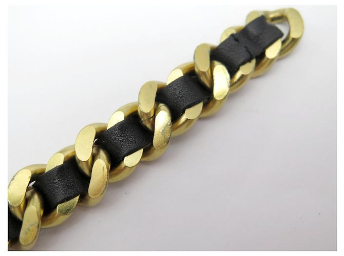 VINTAGE CHANEL BRACELET BLACK INTERLACED CHAIN AND LEATHER T18.5 CM GOLD-TONE METAL BANGLE Golden - view 13