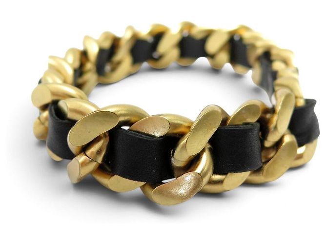 VINTAGE CHANEL BRACELET BLACK INTERLACED CHAIN AND LEATHER T18.5 CM GOLD-TONE METAL BANGLE Golden - view 2