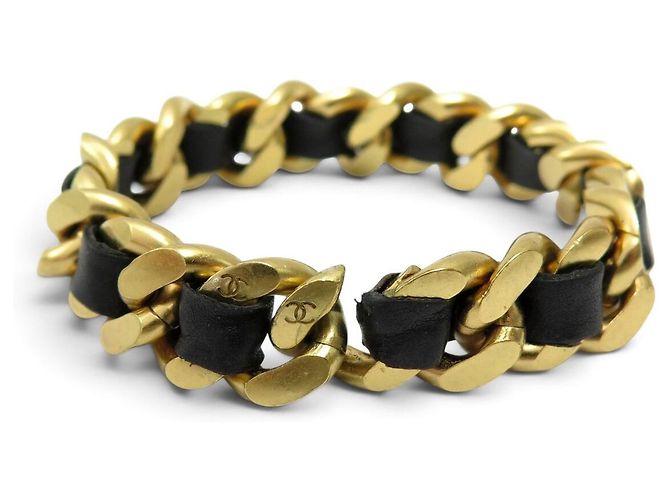 VINTAGE CHANEL BRACELET BLACK INTERLACED CHAIN AND LEATHER T18.5 CM GOLD-TONE METAL BANGLE Golden - view 3