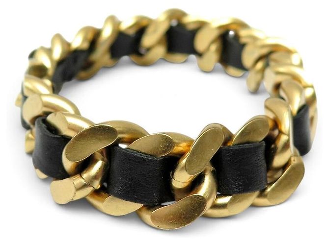 VINTAGE CHANEL BRACELET BLACK INTERLACED CHAIN AND LEATHER T18.5 CM GOLD-TONE METAL BANGLE Golden - view 4