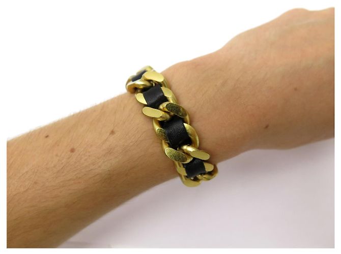 VINTAGE CHANEL BRACELET BLACK INTERLACED CHAIN AND LEATHER T18.5 CM GOLD-TONE METAL BANGLE Golden - view 5