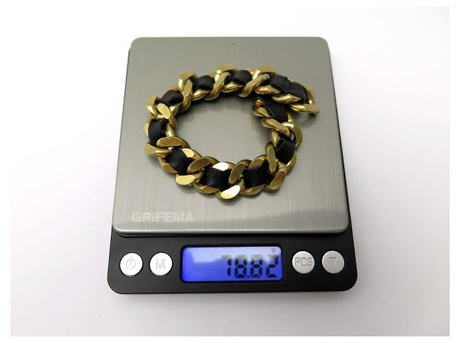 VINTAGE CHANEL BRACELET BLACK INTERLACED CHAIN AND LEATHER T18.5 CM GOLD-TONE METAL BANGLE Golden - view 6