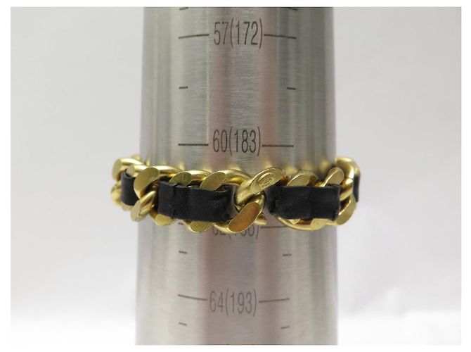 VINTAGE CHANEL BRACELET BLACK INTERLACED CHAIN AND LEATHER T18.5 CM GOLD-TONE METAL BANGLE Golden - view 7