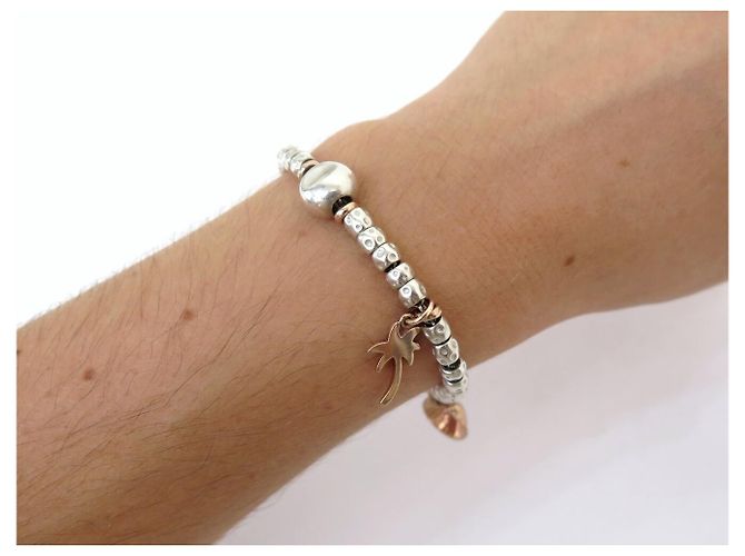 NUOVO BRACCIALE DODO POMELLATO GRANELLI ARGENTO 925 & ORO ROSA 9K CHARMS BANGLE - vista 17