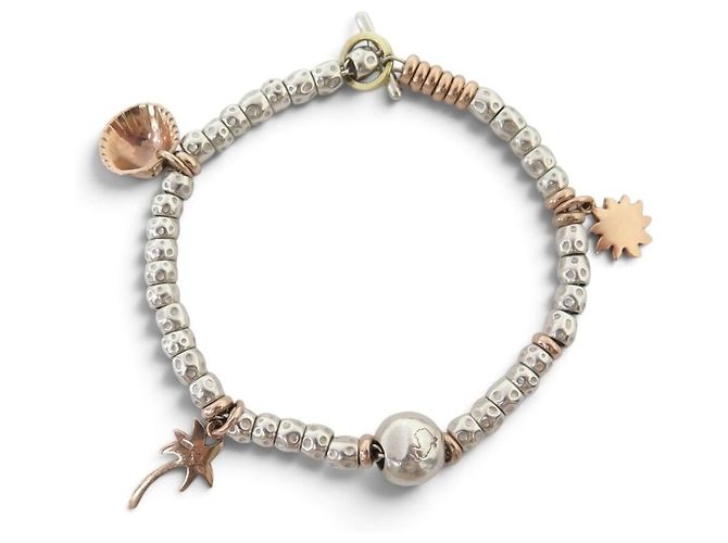 NUOVO BRACCIALE DODO POMELLATO GRANELLI ARGENTO 925 & ORO ROSA 9K CHARMS BANGLE - vista 2