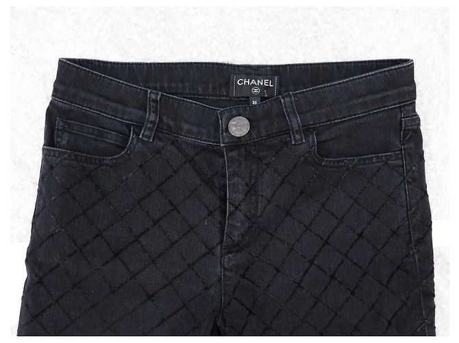 CHANEL STRETCH DENIM PANTS CC LOGO BUTTON P58310 S 36 IN QUILTED DENIM Black - view 2