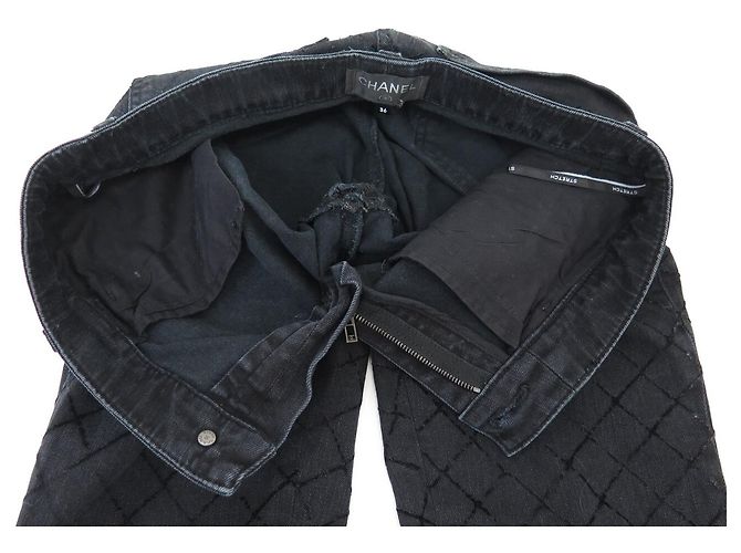 CHANEL STRETCH DENIM PANTS CC LOGO BUTTON P58310 S 36 IN QUILTED DENIM Black - view 4