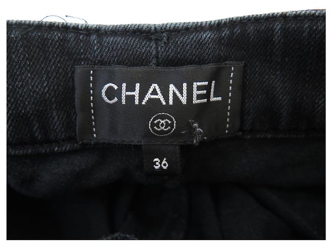 CHANEL STRETCH DENIM PANTS CC LOGO BUTTON P58310 S 36 IN QUILTED DENIM Black - view 5