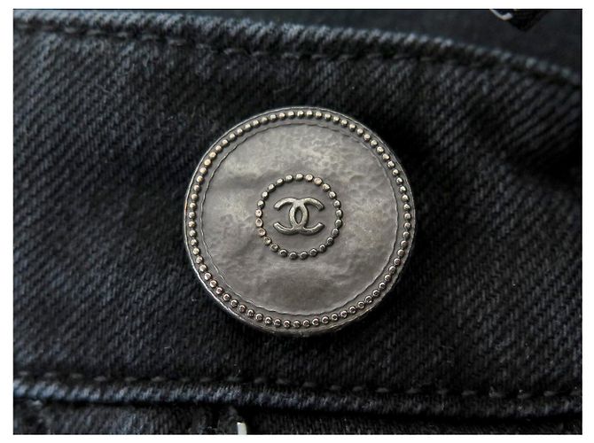 CHANEL STRETCH DENIM PANTS CC LOGO BUTTON P58310 S 36 IN QUILTED DENIM Black - view 7