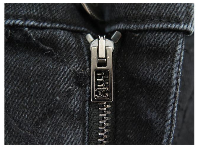 CHANEL STRETCH DENIM PANTS CC LOGO BUTTON P58310 S 36 IN QUILTED DENIM Black - view 8