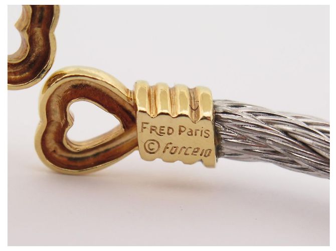 VINTAGE BRACELET FRED FORCE 10 COEURS T20 IN ORO GIALLO 18K & CABLE D'ACCIAIO BANGLE - vista 10