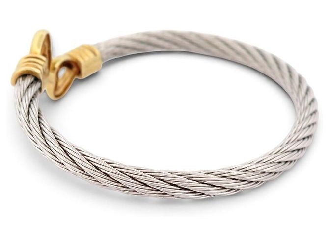 VINTAGE BRACELET FRED FORCE 10 COEURS T20 IN ORO GIALLO 18K & CABLE D'ACCIAIO BANGLE - vista 2