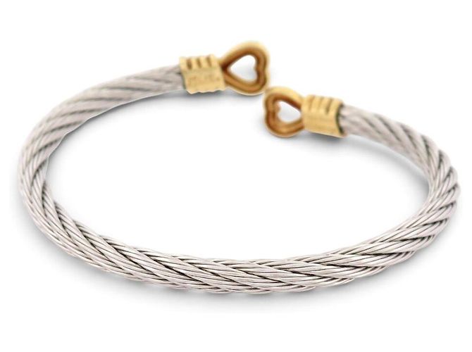 VINTAGE BRACELET FRED FORCE 10 COEURS T20 IN ORO GIALLO 18K & CABLE D'ACCIAIO BANGLE - vista 3
