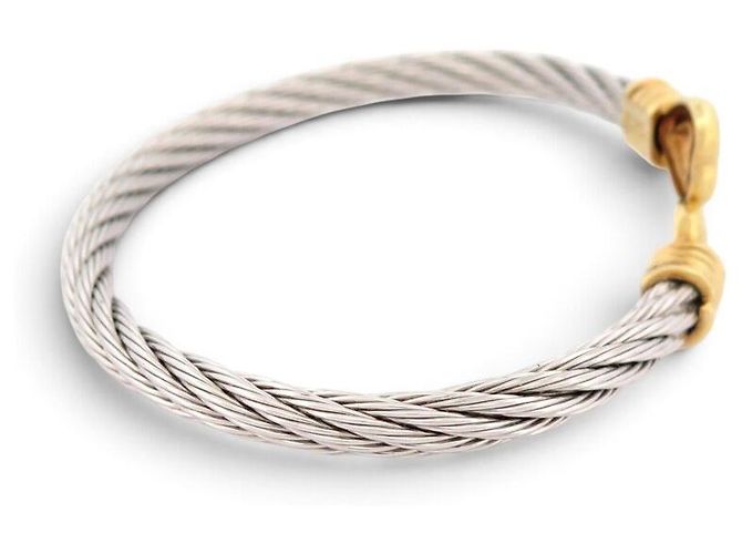 VINTAGE BRACELET FRED FORCE 10 COEURS T20 IN ORO GIALLO 18K & CABLE D'ACCIAIO BANGLE - vista 4