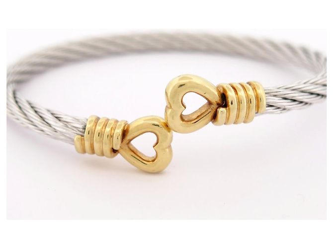 VINTAGE BRACELET FRED FORCE 10 COEURS T20 IN ORO GIALLO 18K & CABLE D'ACCIAIO BANGLE - vista 5