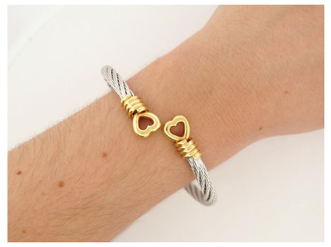 VINTAGE BRACELET FRED FORCE 10 COEURS T20 IN ORO GIALLO 18K & CABLE D'ACCIAIO BANGLE - vista 8