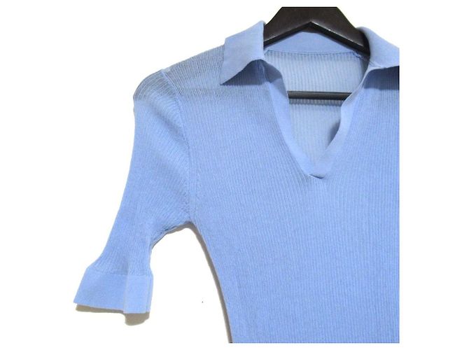 Autre Marque CABaN transparente Rippstrick-Bluse mit kurzen Ärmeln Blau - Ansicht 3