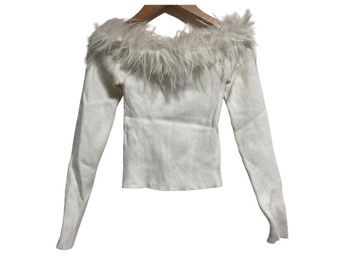 Autre Marque Snidel Off-Shoulder Fake Fur Docking Strickpullover Weiß - Ansicht 2