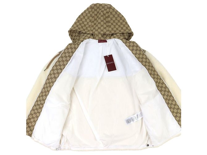 Giacca con cappuccio e zip in lana con intarsia GG di Gucci Beige Crudo - vista 3