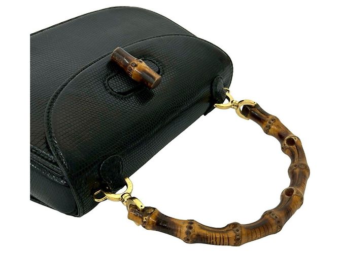 Borsa a mano 2way Gucci in pelle di lucertola Bamboo Nero - vista 4