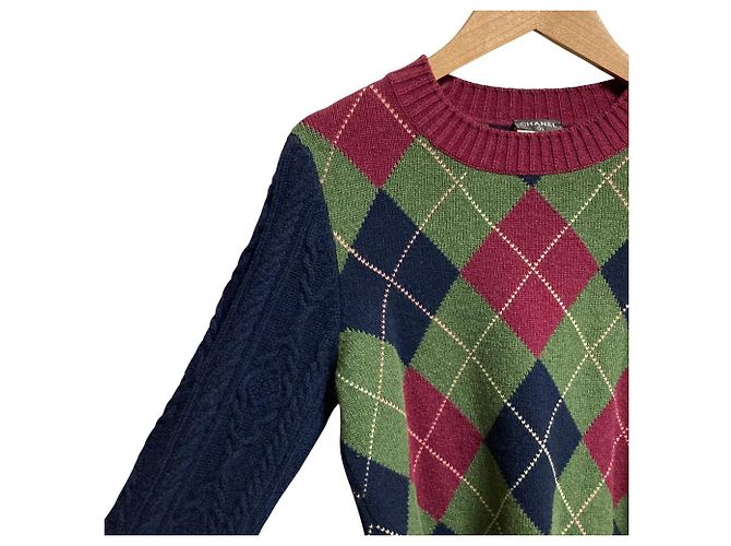 Camisola de cashmere com padrão Argyle Chanel Vermelho Verde Azul marinho - vista 2