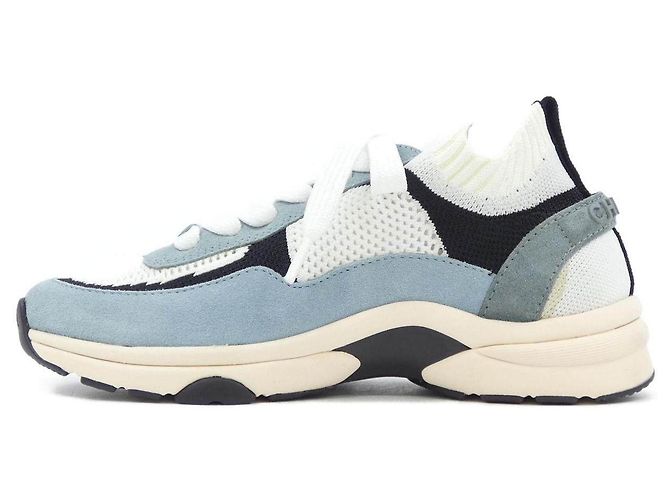 Sneakers Chanel in maglia e vitello scamosciato Bianco Blu - vista 2