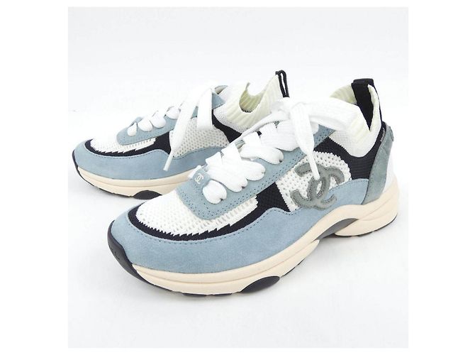 Sneakers Chanel in maglia e vitello scamosciato Bianco Blu - vista 3