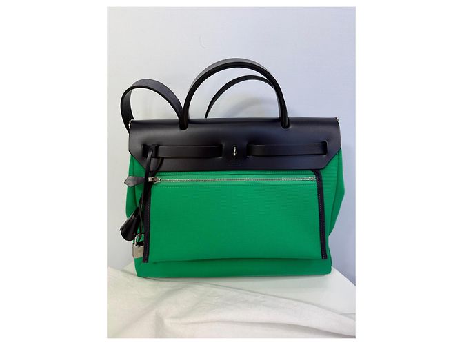 Hermès Herbag Zip RT 31 Toile Officier Vache Hunter Borsa Verde Nero - vista 10