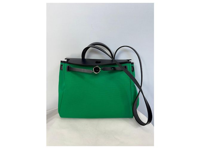 Hermès Herbag Zip RT 31 Toile Officier Vache Hunter Borsa Verde Nero - vista 2