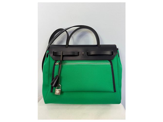Hermès Herbag Zip RT 31 Toile Officier Vache Hunter Borsa Verde Nero - vista 3