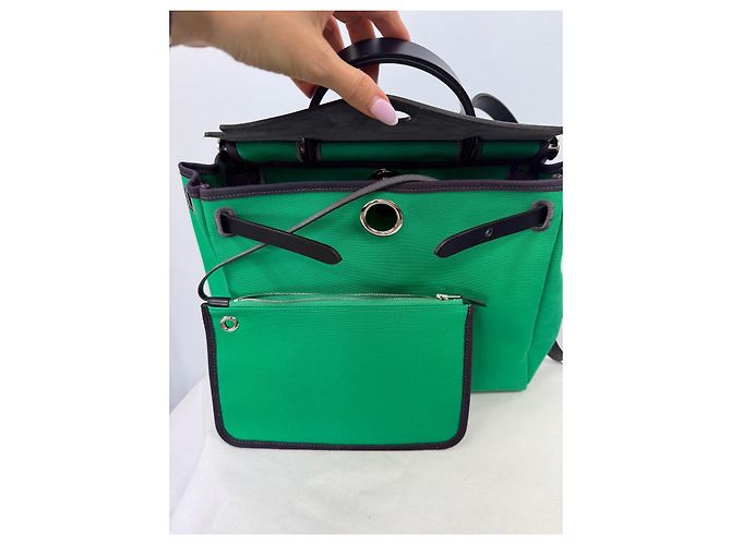 Hermès Herbag Zip RT 31 Toile Officier Vache Hunter Borsa Verde Nero - vista 6
