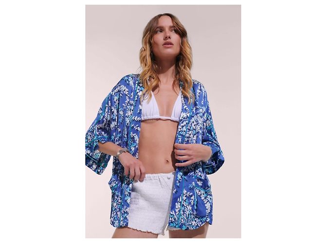 Autre Marque Poupette St Barth Set Kimono e Pantaloni Stampa Floreale Blu Bianco Verde - vista 8