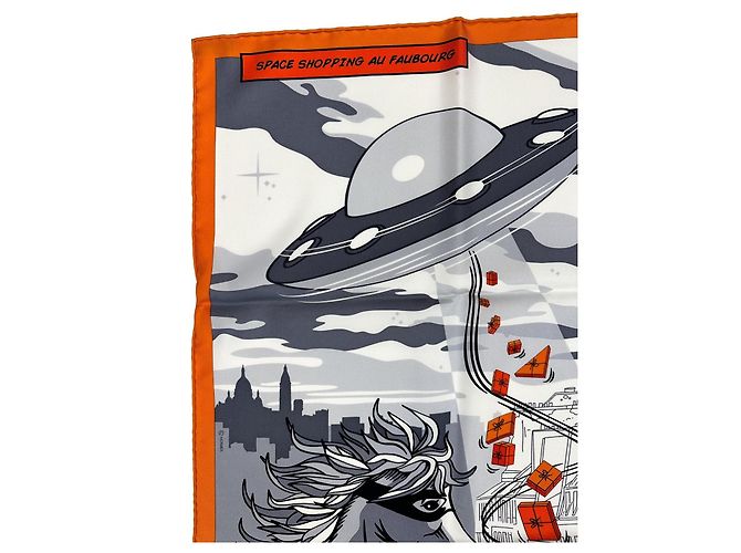 Hermès Lenço Space Shopping au Faubourg 90cm Branco Laranja Cinza - vista 2