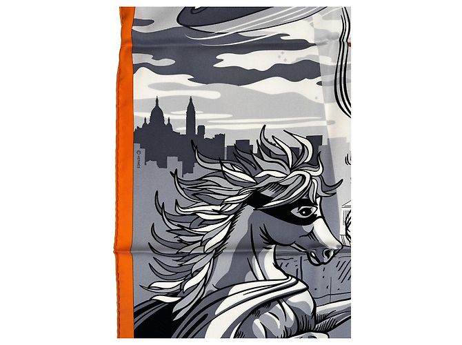 Hermès Lenço Space Shopping au Faubourg 90cm Branco Laranja Cinza - vista 3