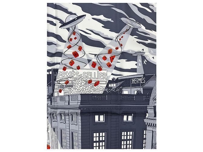 Hermès Lenço Space Shopping au Faubourg 90cm Branco Laranja Cinza - vista 4