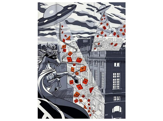 Hermès Lenço Space Shopping au Faubourg 90cm Branco Laranja Cinza - vista 5