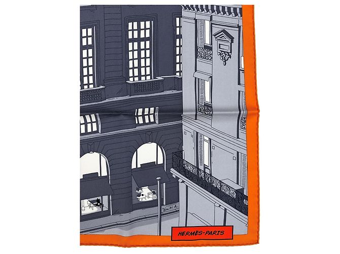 Hermès Lenço Space Shopping au Faubourg 90cm Branco Laranja Cinza - vista 6