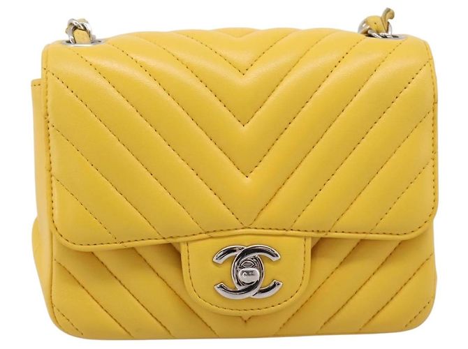 CHANEL V Stitch Schultertasche mit Kette aus Lammleder Gelb Silber CC Auth 206310SAM - Ansicht 13