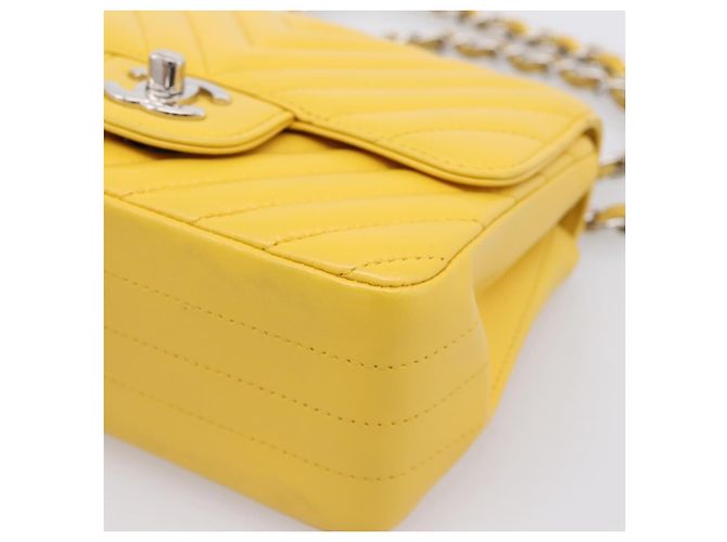 CHANEL V Stitch Schultertasche mit Kette aus Lammleder Gelb Silber CC Auth 206310SAM - Ansicht 14