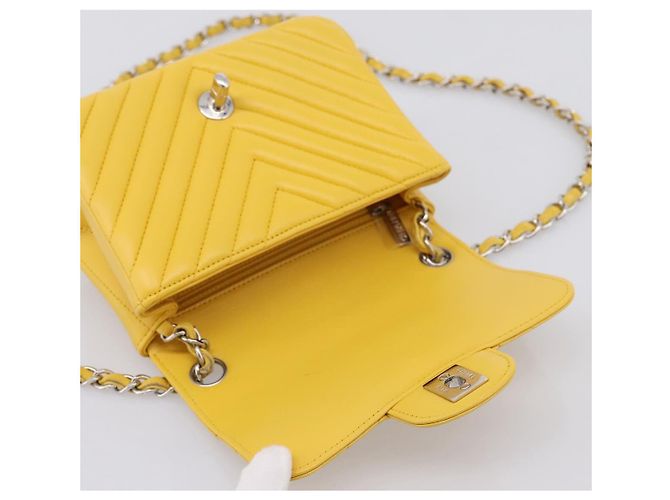CHANEL V Stitch Schultertasche mit Kette aus Lammleder Gelb Silber CC Auth 206310SAM - Ansicht 19