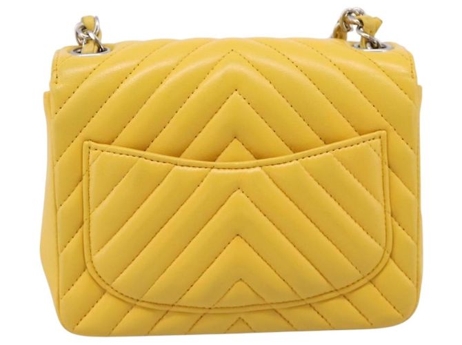 CHANEL V Stitch Schultertasche mit Kette aus Lammleder Gelb Silber CC Auth 206310SAM - Ansicht 2