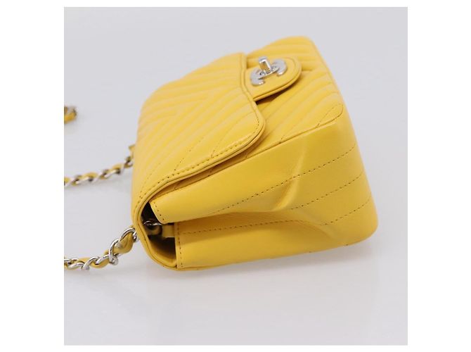 CHANEL V Stitch Schultertasche mit Kette aus Lammleder Gelb Silber CC Auth 206310SAM - Ansicht 3