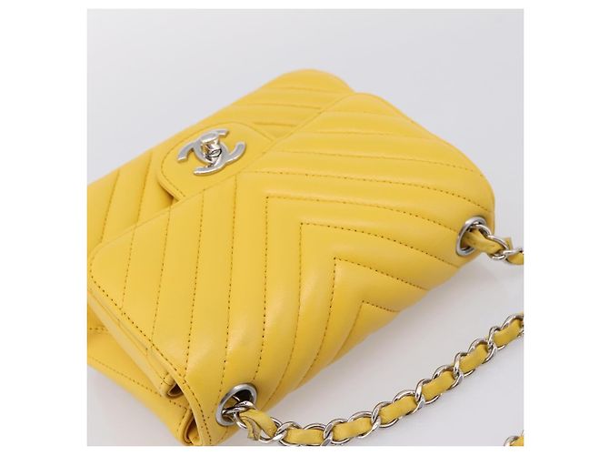 CHANEL V Stitch Schultertasche mit Kette aus Lammleder Gelb Silber CC Auth 206310SAM - Ansicht 6