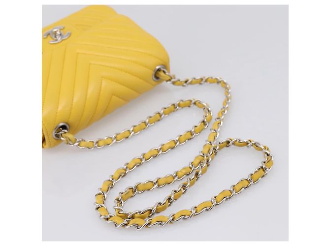 CHANEL V Stitch Schultertasche mit Kette aus Lammleder Gelb Silber CC Auth 206310SAM - Ansicht 7
