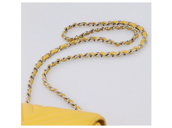 CHANEL V Stitch Schultertasche mit Kette aus Lammleder Gelb Silber CC Auth 206310SAM - Ansicht 8