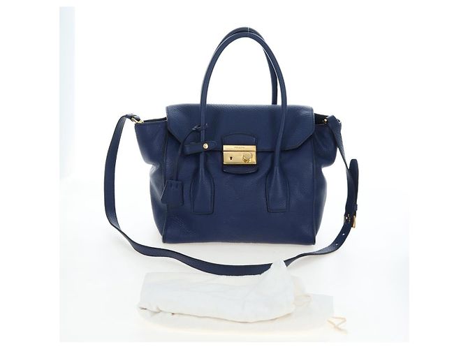 Bolsa de mão PRADA Ready lock em couro Taurillon Clemence 2way Azul Auth am12570V Dourado - vista 12