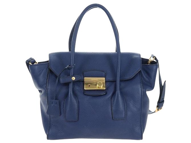 Bolsa de mão PRADA Ready lock em couro Taurillon Clemence 2way Azul Auth am12570V Dourado - vista 13